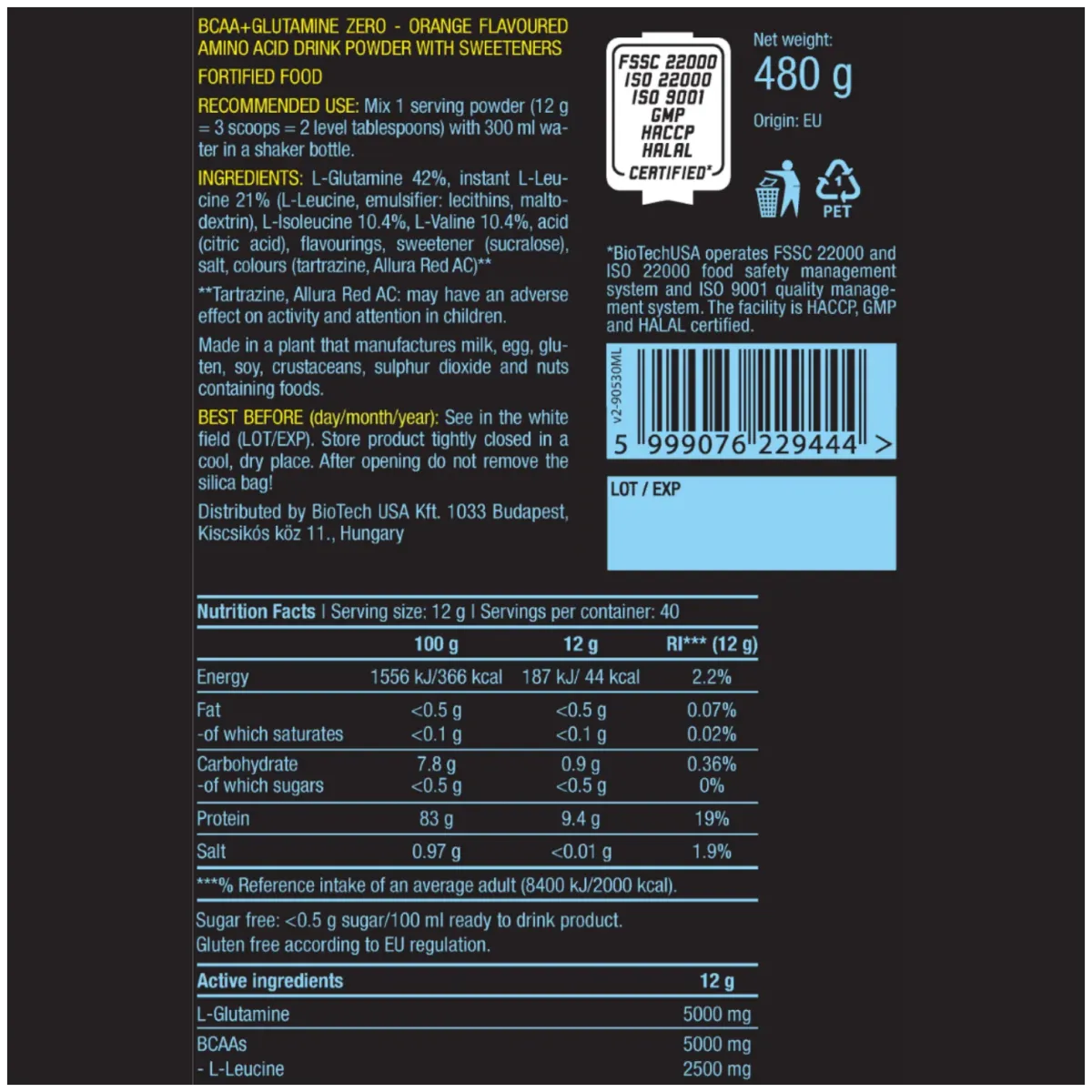 BiotechUSA BCAA+Glutamine Zero 480gr (40 servings) 7
