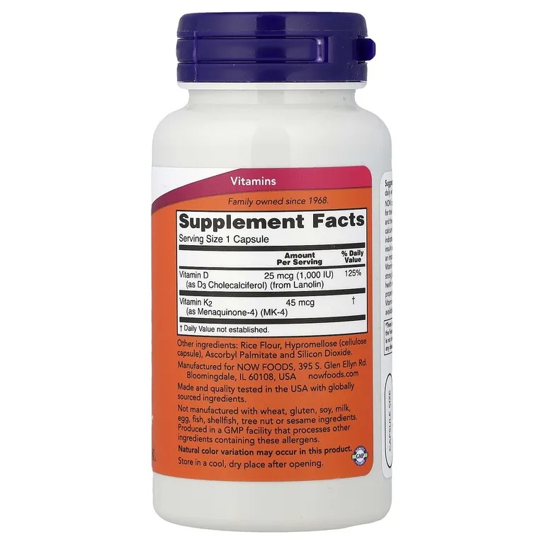 Now Vitamin D3&K2 1000 ui/45 mcg 120 capsules  2